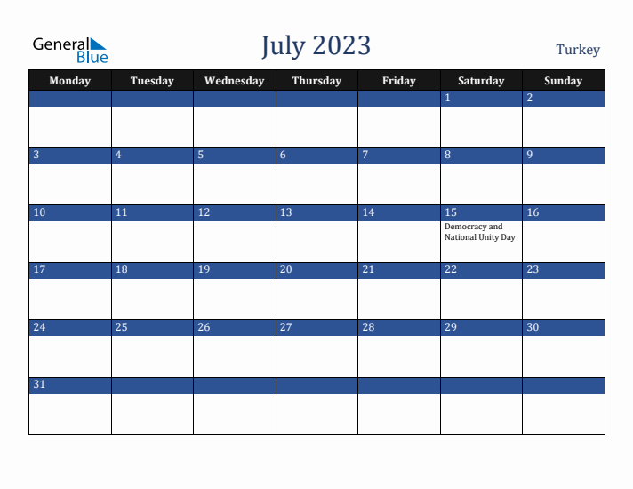 July 2023 Turkey Calendar (Monday Start)