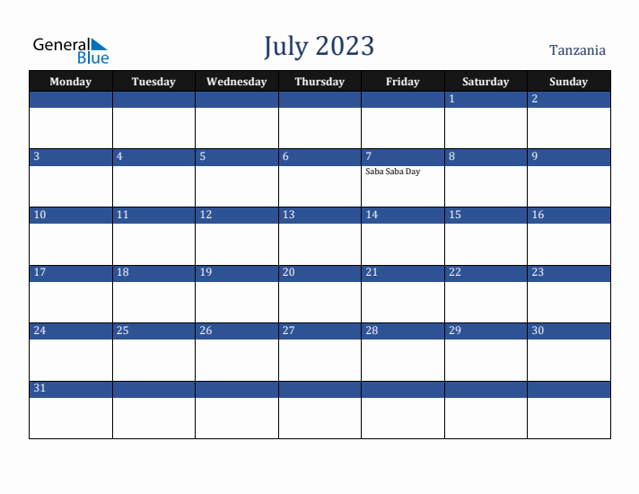 July 2023 Tanzania Calendar (Monday Start)
