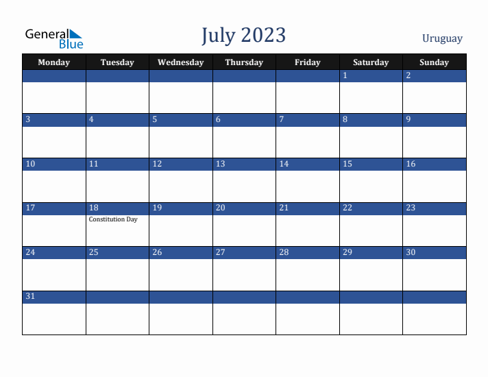 July 2023 Uruguay Calendar (Monday Start)