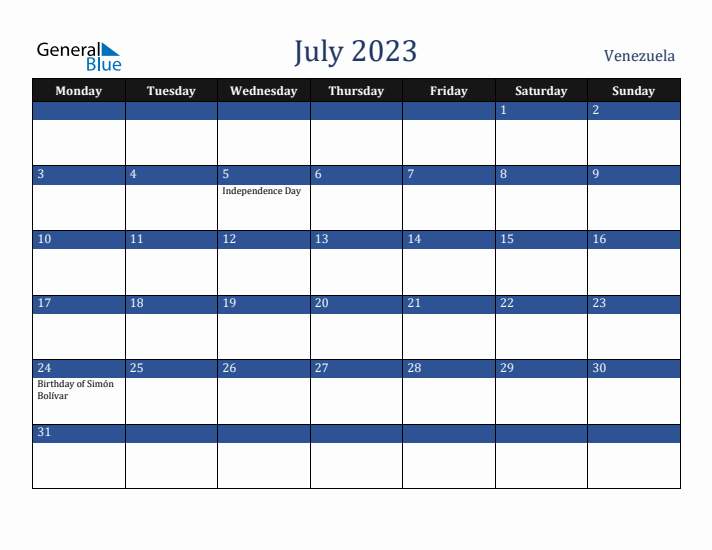 July 2023 Venezuela Calendar (Monday Start)