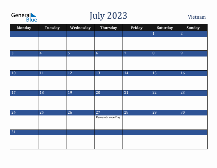 July 2023 Vietnam Calendar (Monday Start)