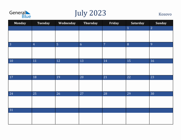 July 2023 Kosovo Calendar (Monday Start)
