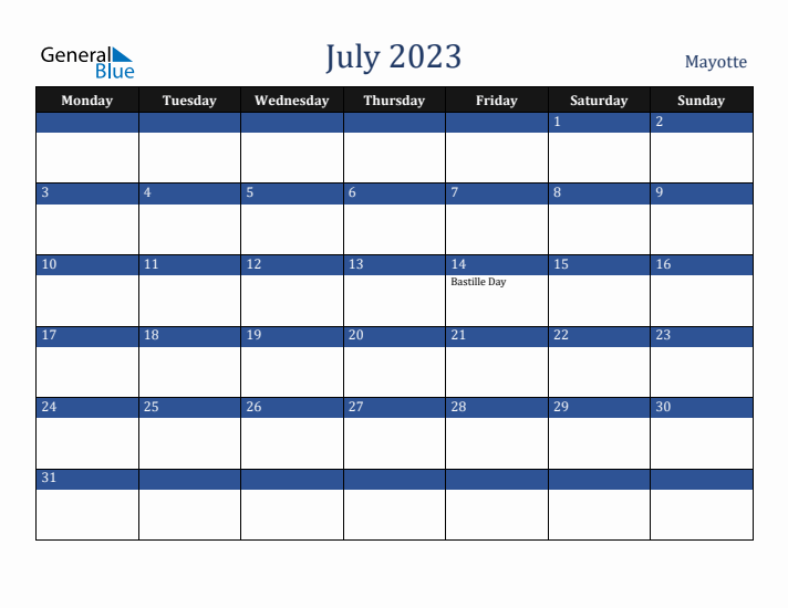 July 2023 Mayotte Calendar (Monday Start)