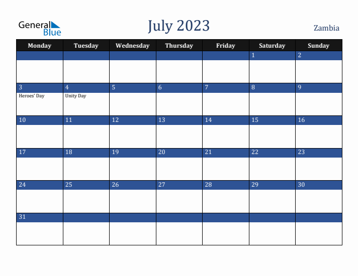July 2023 Zambia Calendar (Monday Start)