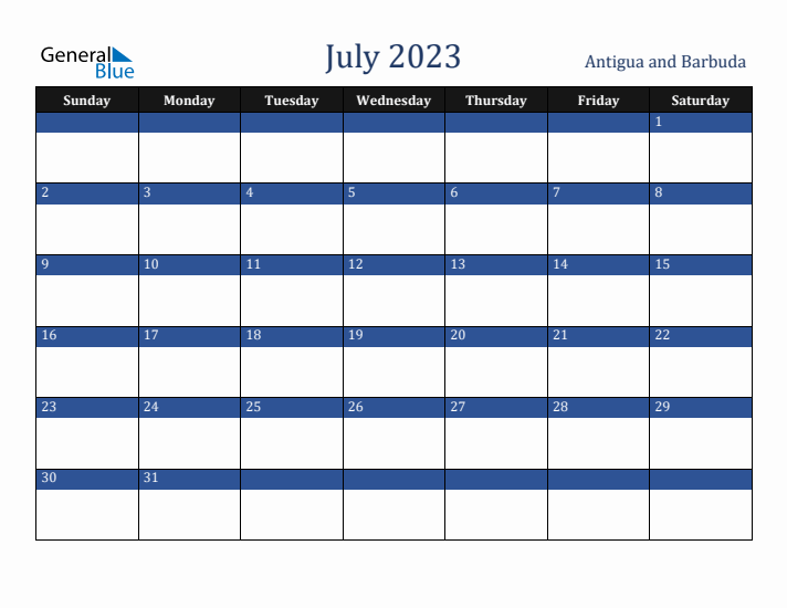 July 2023 Antigua and Barbuda Calendar (Sunday Start)