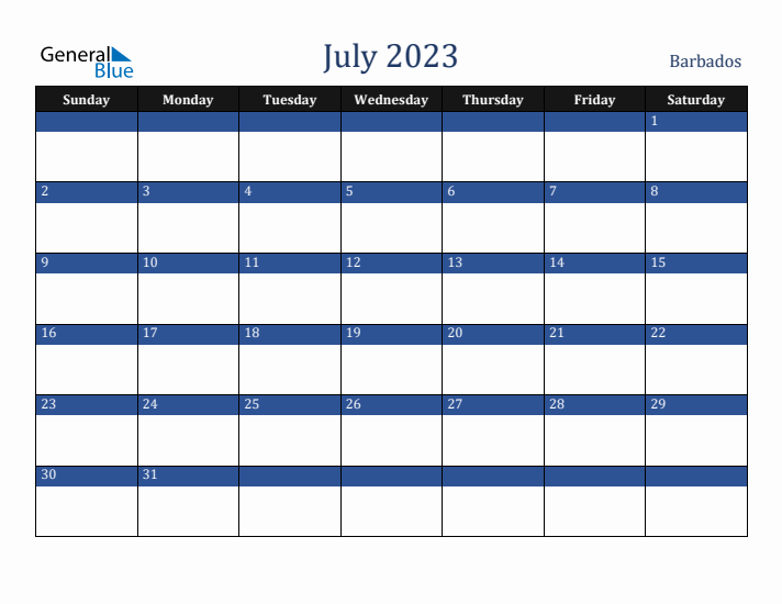 July 2023 Barbados Calendar (Sunday Start)