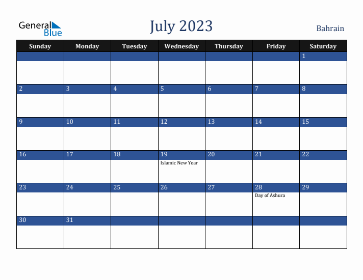 July 2023 Bahrain Calendar (Sunday Start)