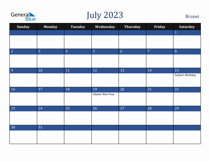 July 2023 Brunei Calendar (Sunday Start)