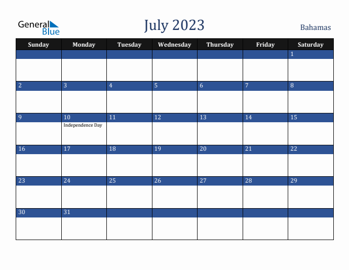 July 2023 Bahamas Calendar (Sunday Start)