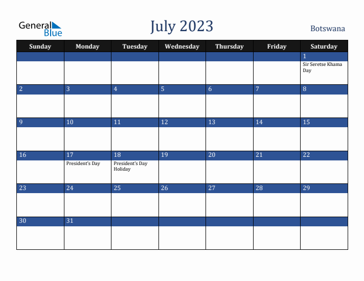 July 2023 Botswana Calendar (Sunday Start)