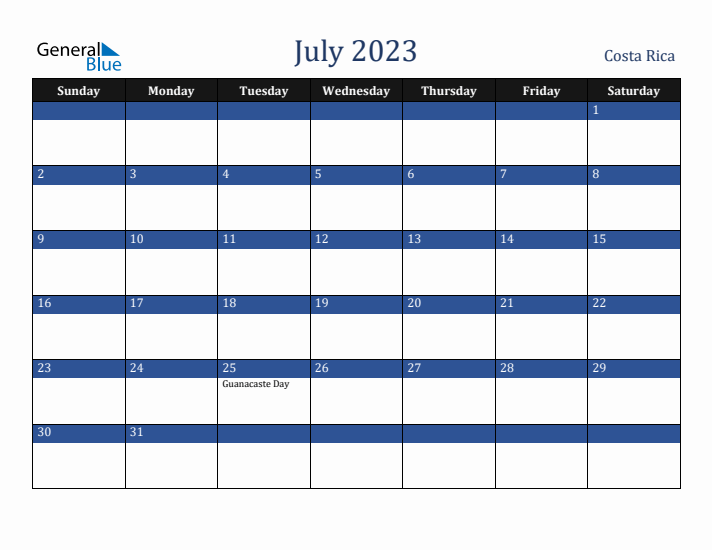 July 2023 Costa Rica Calendar (Sunday Start)