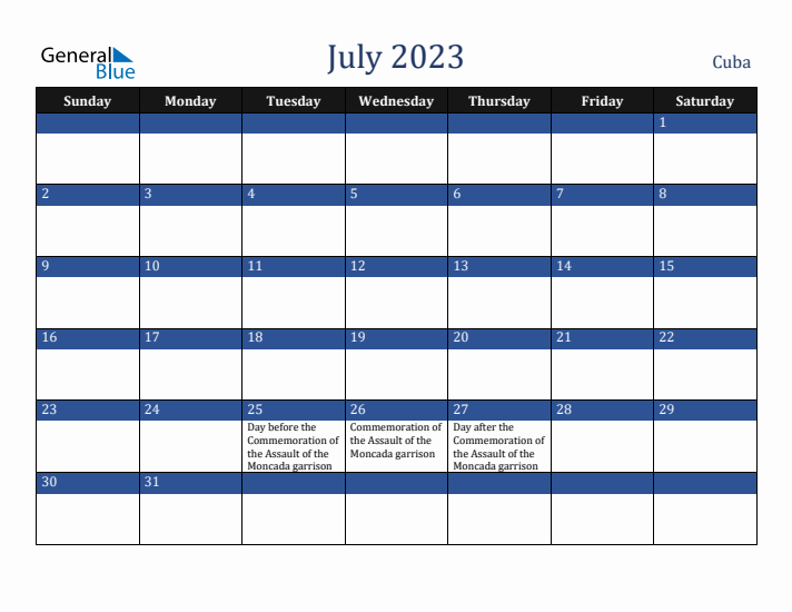 July 2023 Cuba Calendar (Sunday Start)