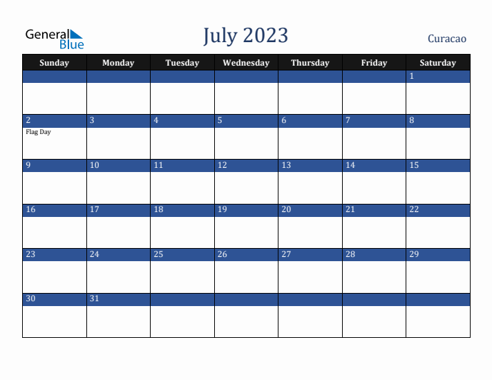 July 2023 Curacao Calendar (Sunday Start)
