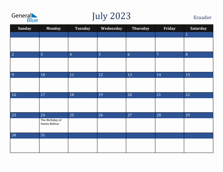 July 2023 Ecuador Calendar (Sunday Start)