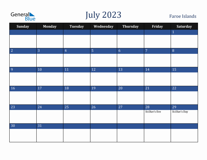 July 2023 Faroe Islands Calendar (Sunday Start)
