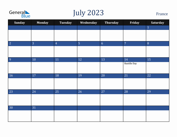 July 2023 France Calendar (Sunday Start)