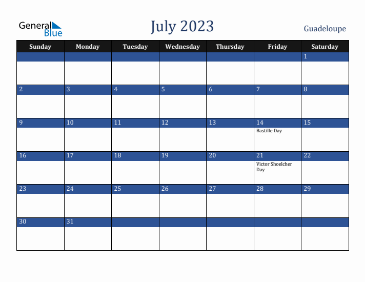 July 2023 Guadeloupe Calendar (Sunday Start)