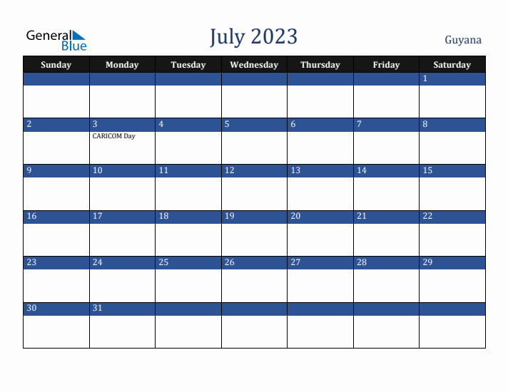 July 2023 Guyana Calendar (Sunday Start)