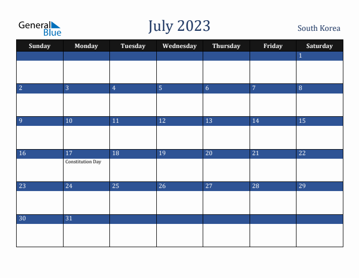 July 2023 South Korea Calendar (Sunday Start)