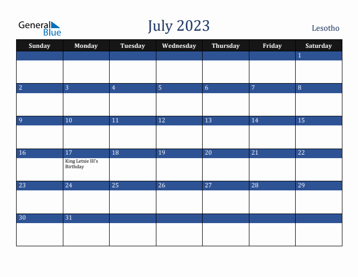July 2023 Lesotho Calendar (Sunday Start)