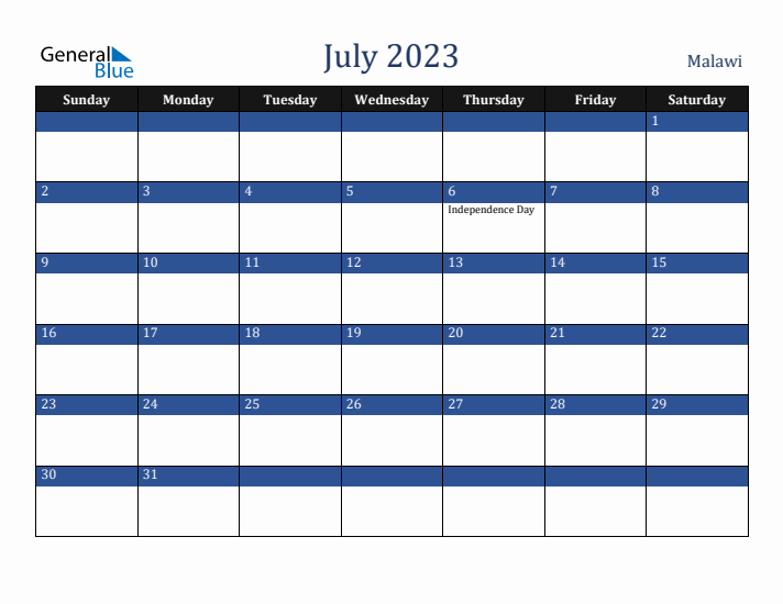 July 2023 Malawi Calendar (Sunday Start)