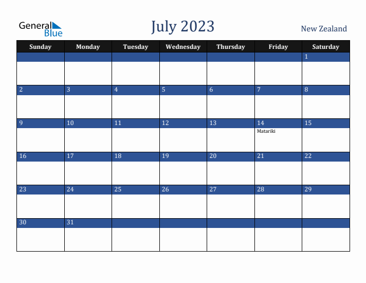 July 2023 New Zealand Calendar (Sunday Start)