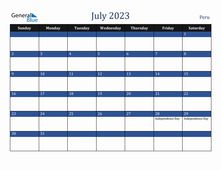 July 2023 Peru Calendar (Sunday Start)