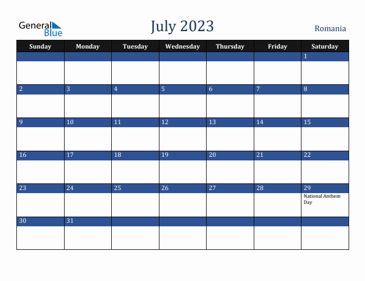 July 2023 Romania Calendar (Sunday Start)