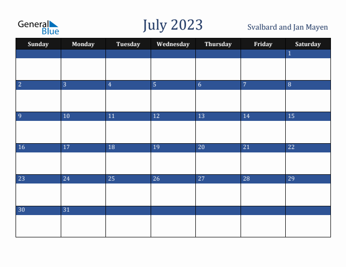 July 2023 Svalbard and Jan Mayen Calendar (Sunday Start)