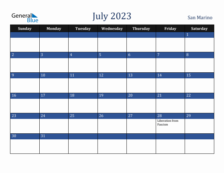 July 2023 San Marino Calendar (Sunday Start)