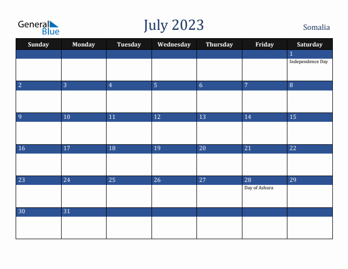 July 2023 Somalia Calendar (Sunday Start)