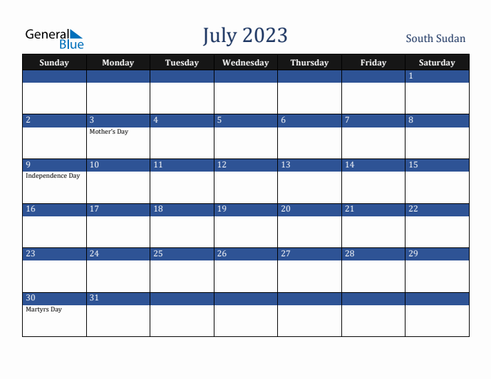 July 2023 South Sudan Calendar (Sunday Start)