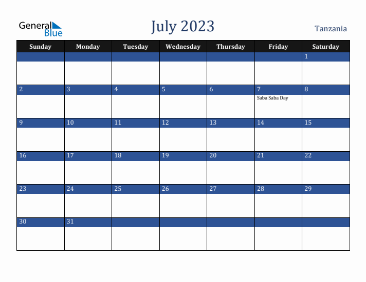 July 2023 Tanzania Calendar (Sunday Start)