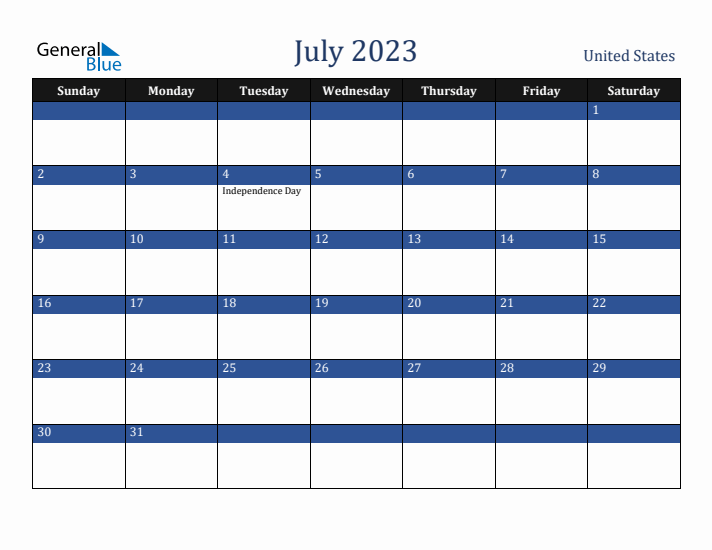 July 2023 United States Calendar (Sunday Start)
