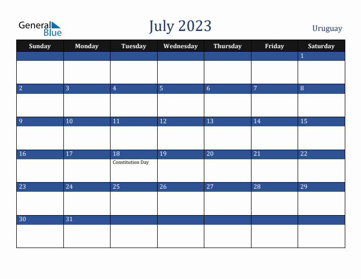July 2023 Uruguay Calendar (Sunday Start)