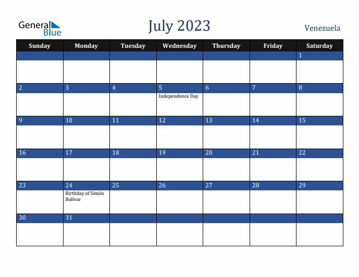 July 2023 Venezuela Calendar (Sunday Start)