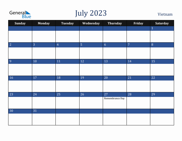 July 2023 Vietnam Calendar (Sunday Start)