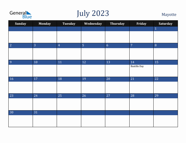 July 2023 Mayotte Calendar (Sunday Start)