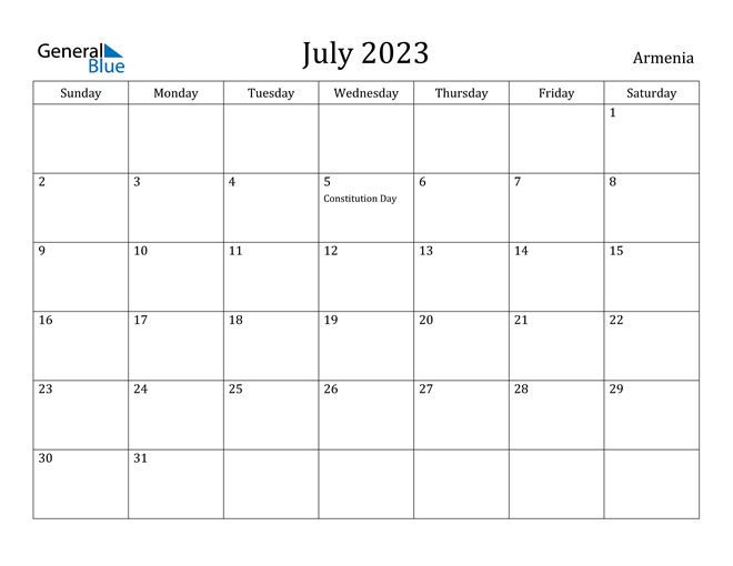 Armenia July 2023 Calendar with Holidays