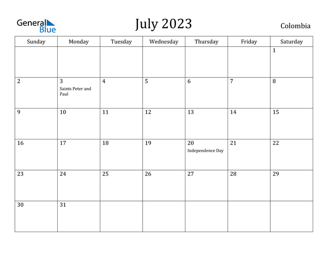 July 2023 Calendar Colombia