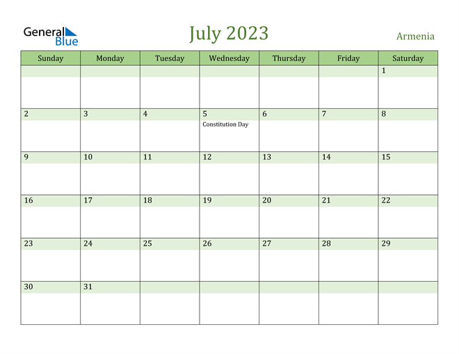 July 2023 Calendar with Armenia Holidays