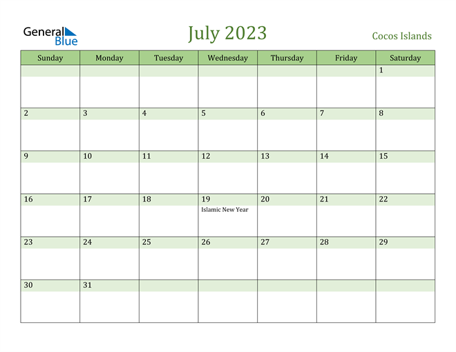 Cocos Islands July 2023 Calendar with Holidays