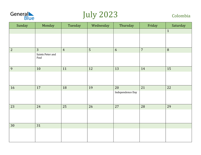 July 2023 Calendar with Colombia Holidays