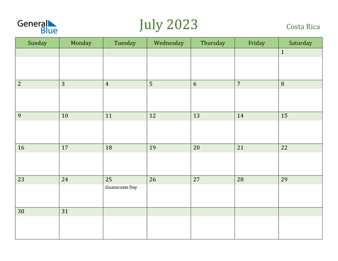 July 2023 Calendar with Costa Rica Holidays