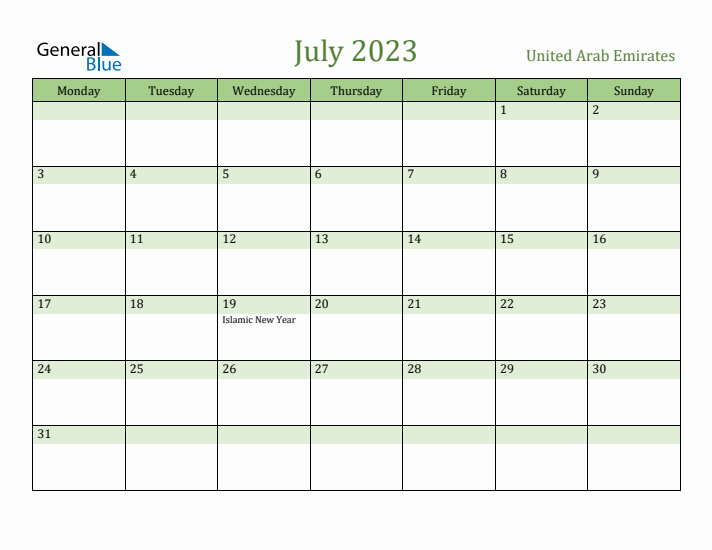 July 2023 Calendar with United Arab Emirates Holidays
