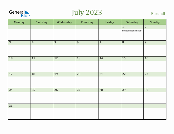 July 2023 Calendar with Burundi Holidays