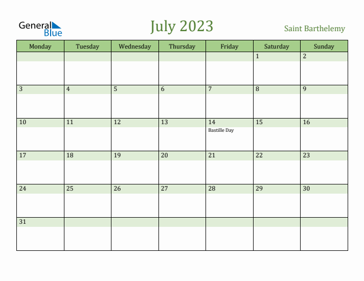 July 2023 Calendar with Saint Barthelemy Holidays