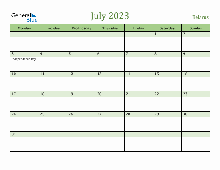 July 2023 Calendar with Belarus Holidays