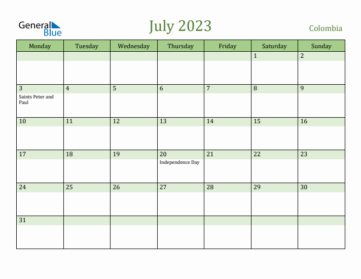 July 2023 Calendar with Colombia Holidays