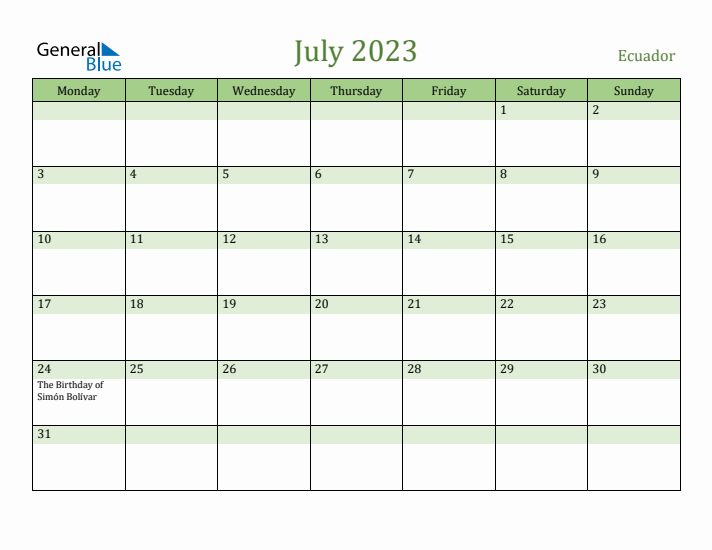 July 2023 Calendar with Ecuador Holidays